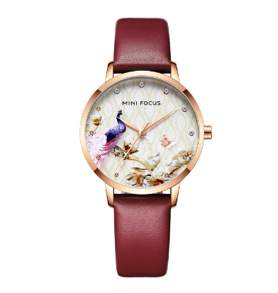 Montre femme Mini Focus - Paon - Cuir bourgogne